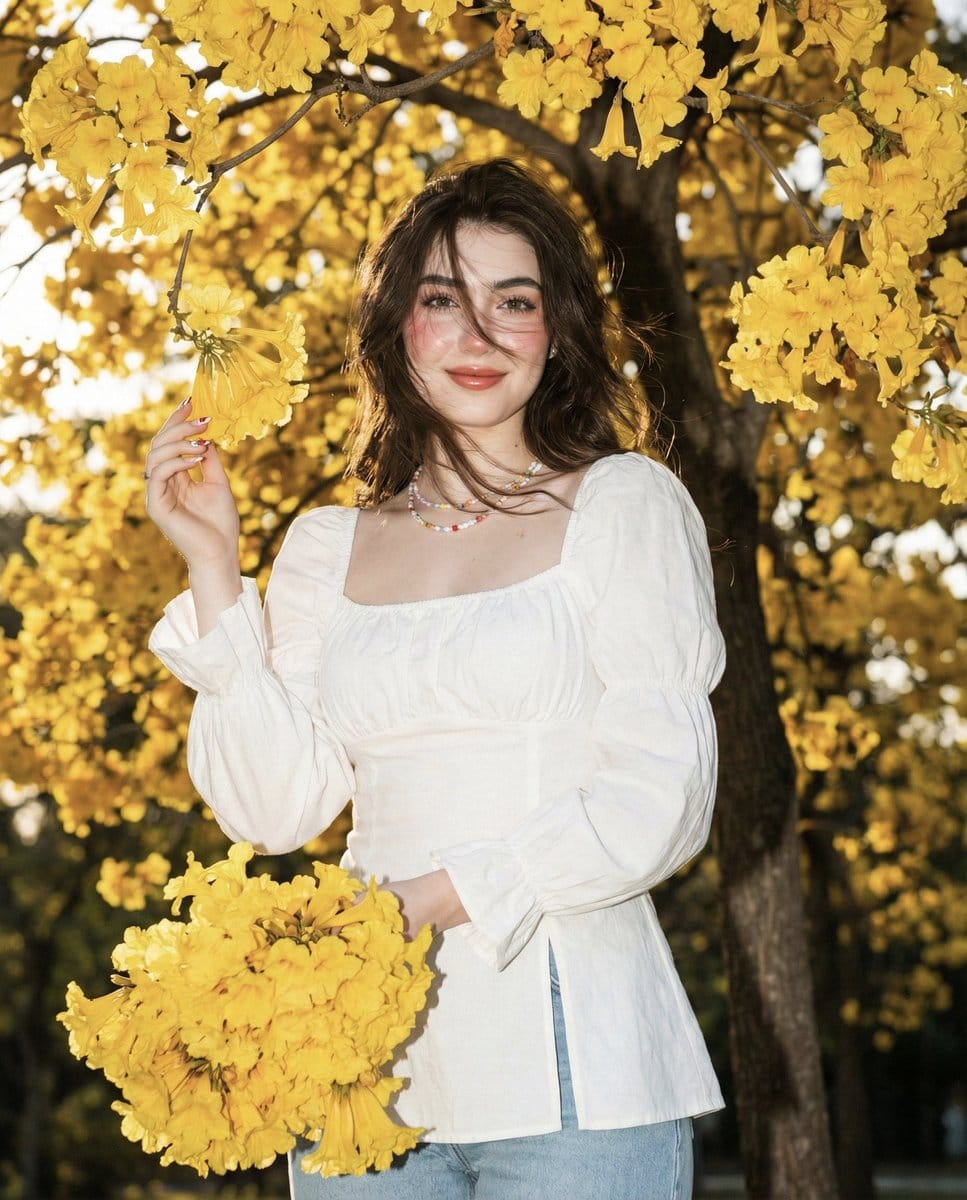 Asian Woman Portrait with Golden Trumpet Flowers and Direct Flash - AI Generated Character Style Image Example