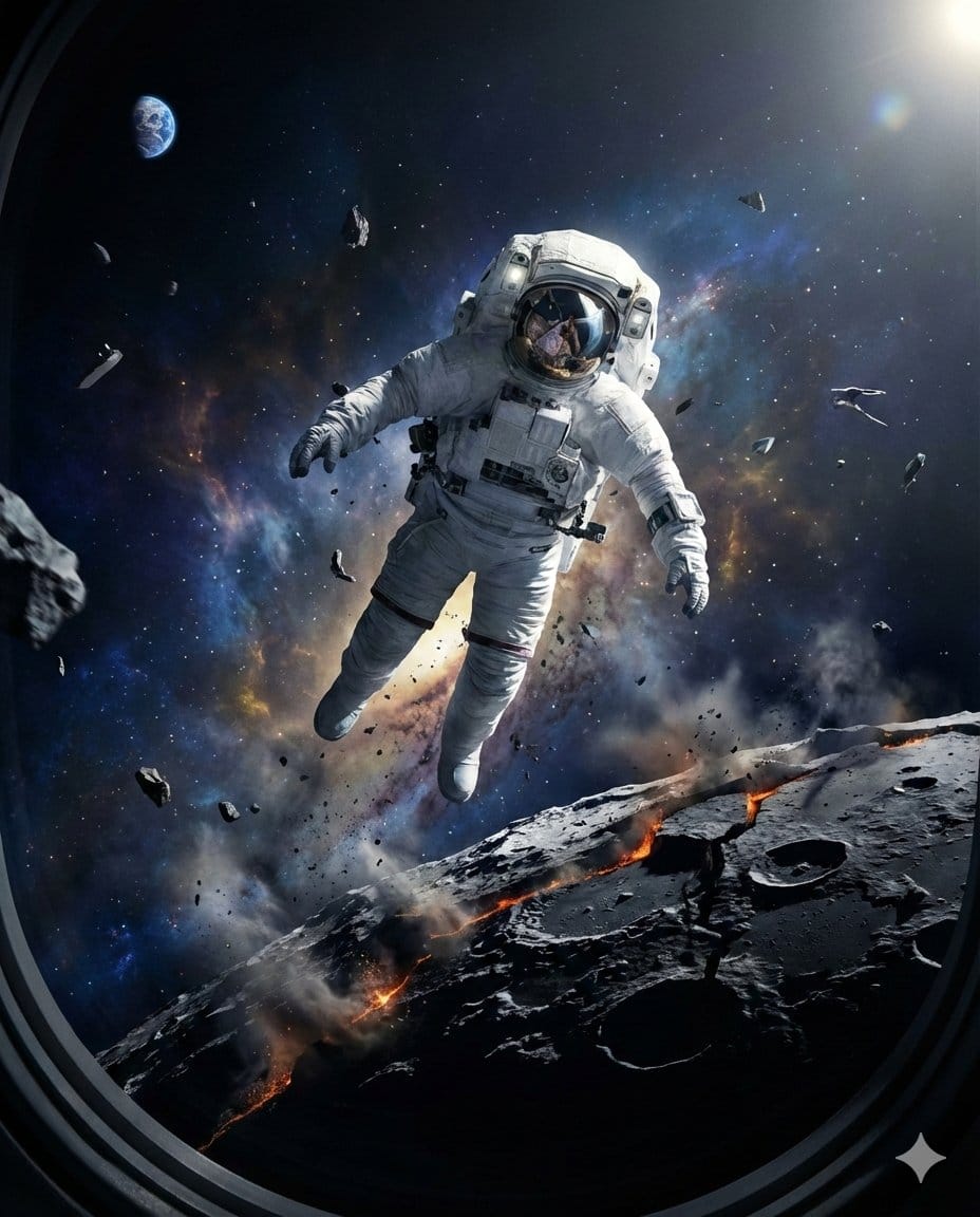 Astronaut Drifting Above Shattered Lunar Surface - AI Generated Realistic Style Image Example