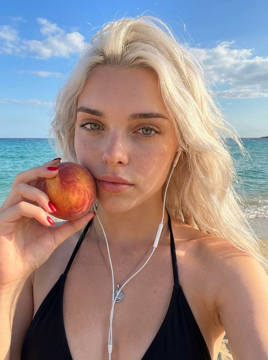 Preview image for Beach Selfie Portrait with Peach Fruit prompt