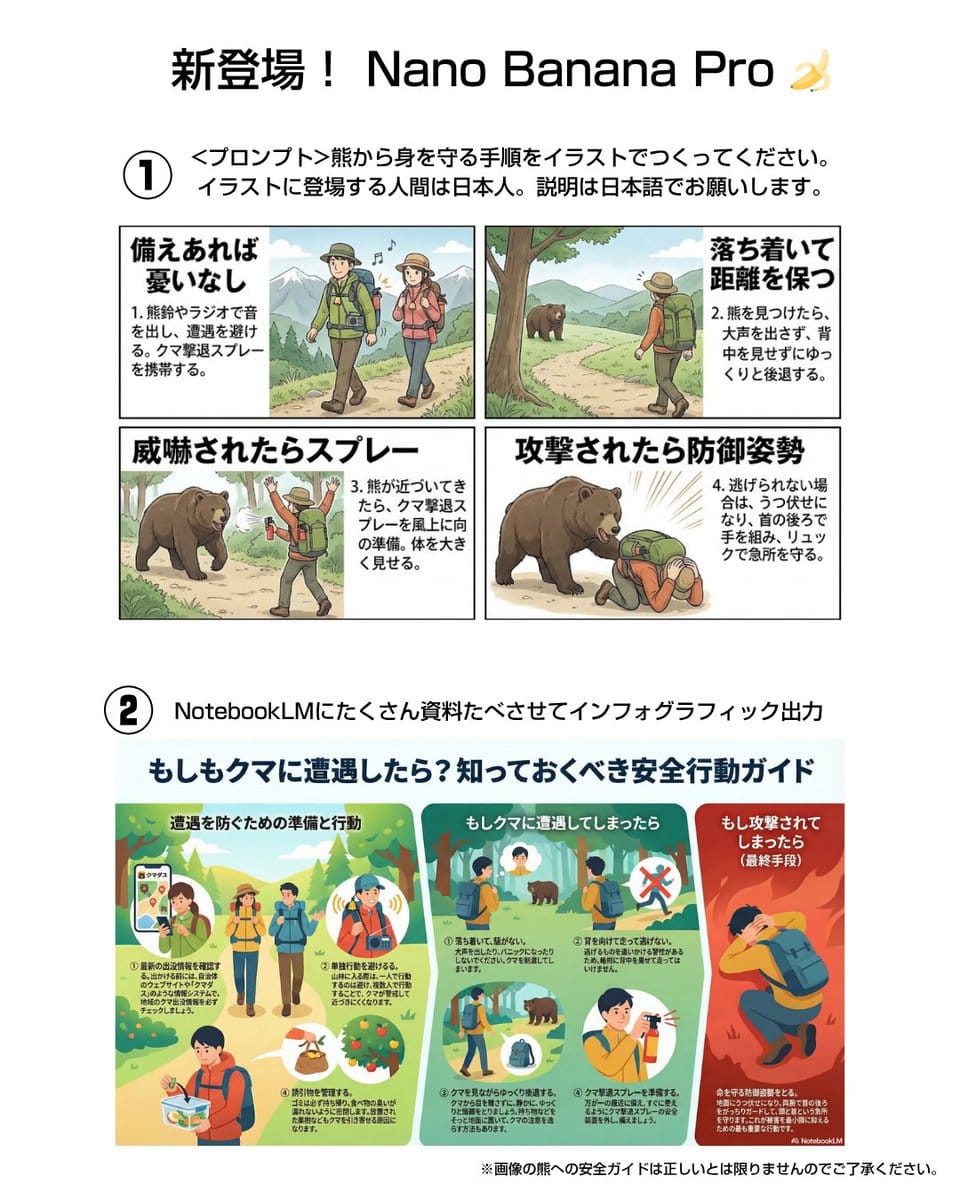 Bear safety instruction illustration in Japanese - AI Generated AI Art Style Image Example
