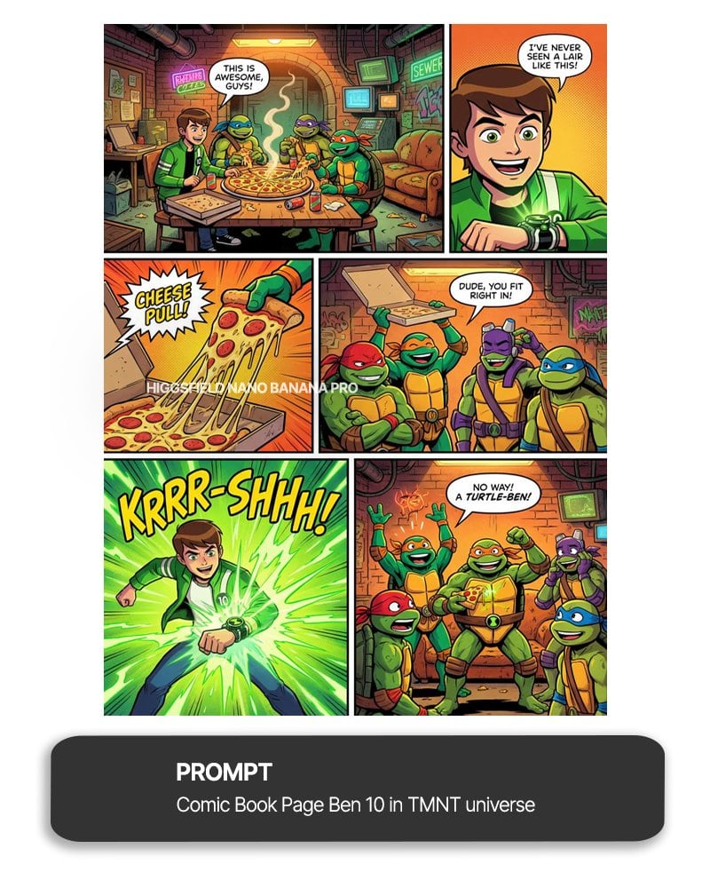 Ben 10 meets TMNT full comic page - AI Generated AI Art Style Image Example