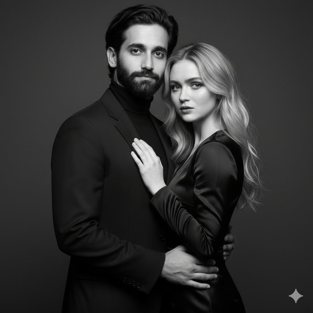 Black-and-White Studio Portrait of a Couple with Identity Lock - AI 프롬프트