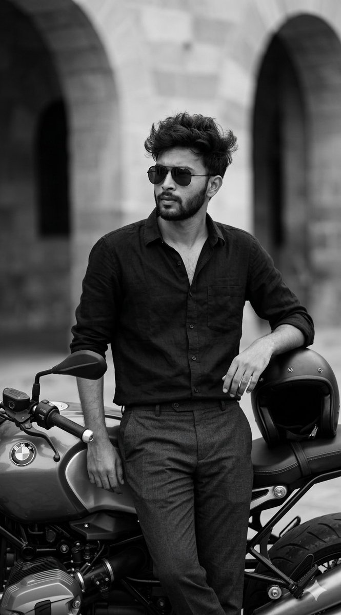 Preview image for Black and White Cinematic Portrait with Motorcycle prompt