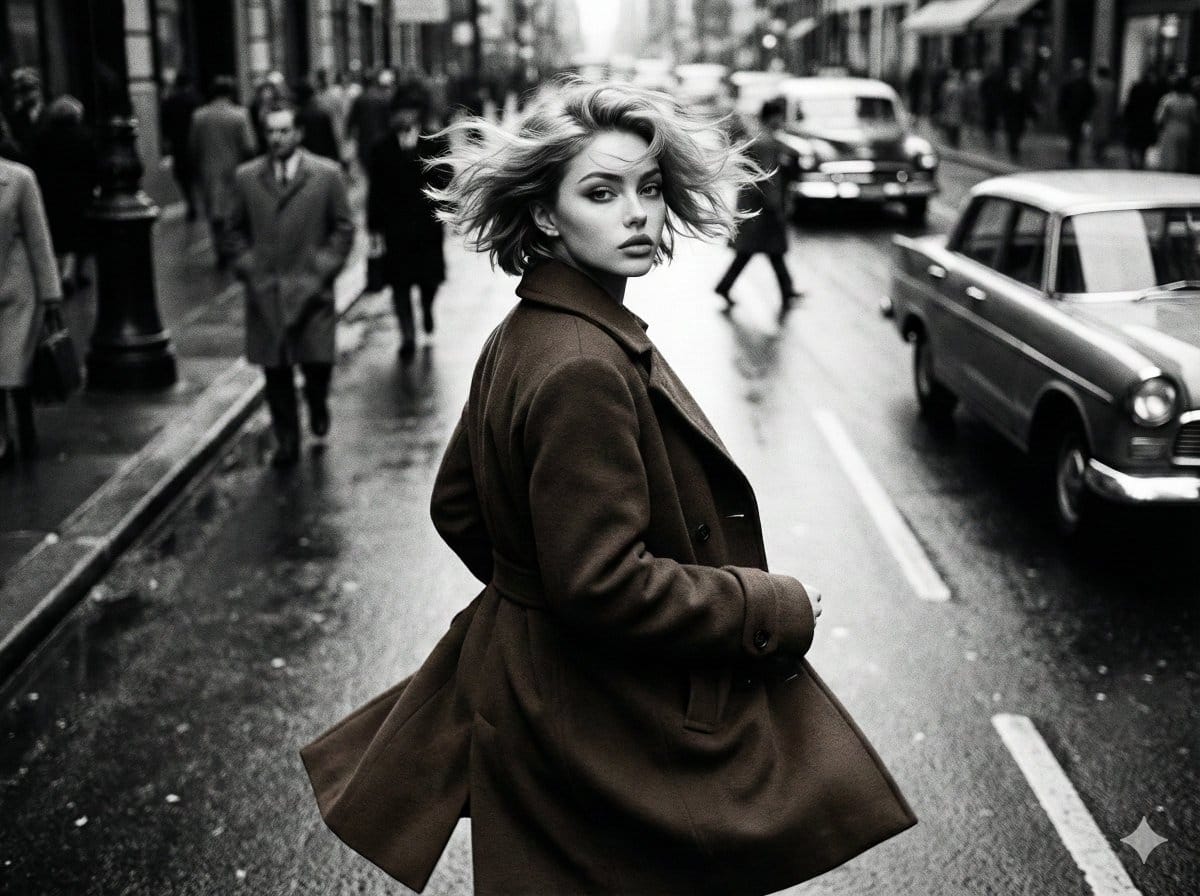 Black and White Cinematic Street Fashion - AI 프롬프트