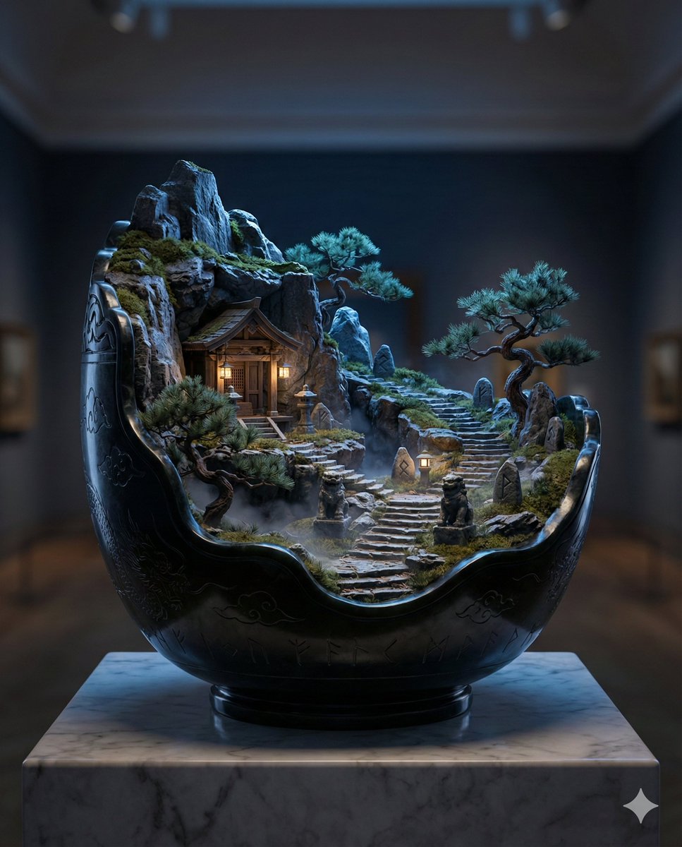 Preview image for Black Jade Diorama of Night Mountain of the Ancients prompt