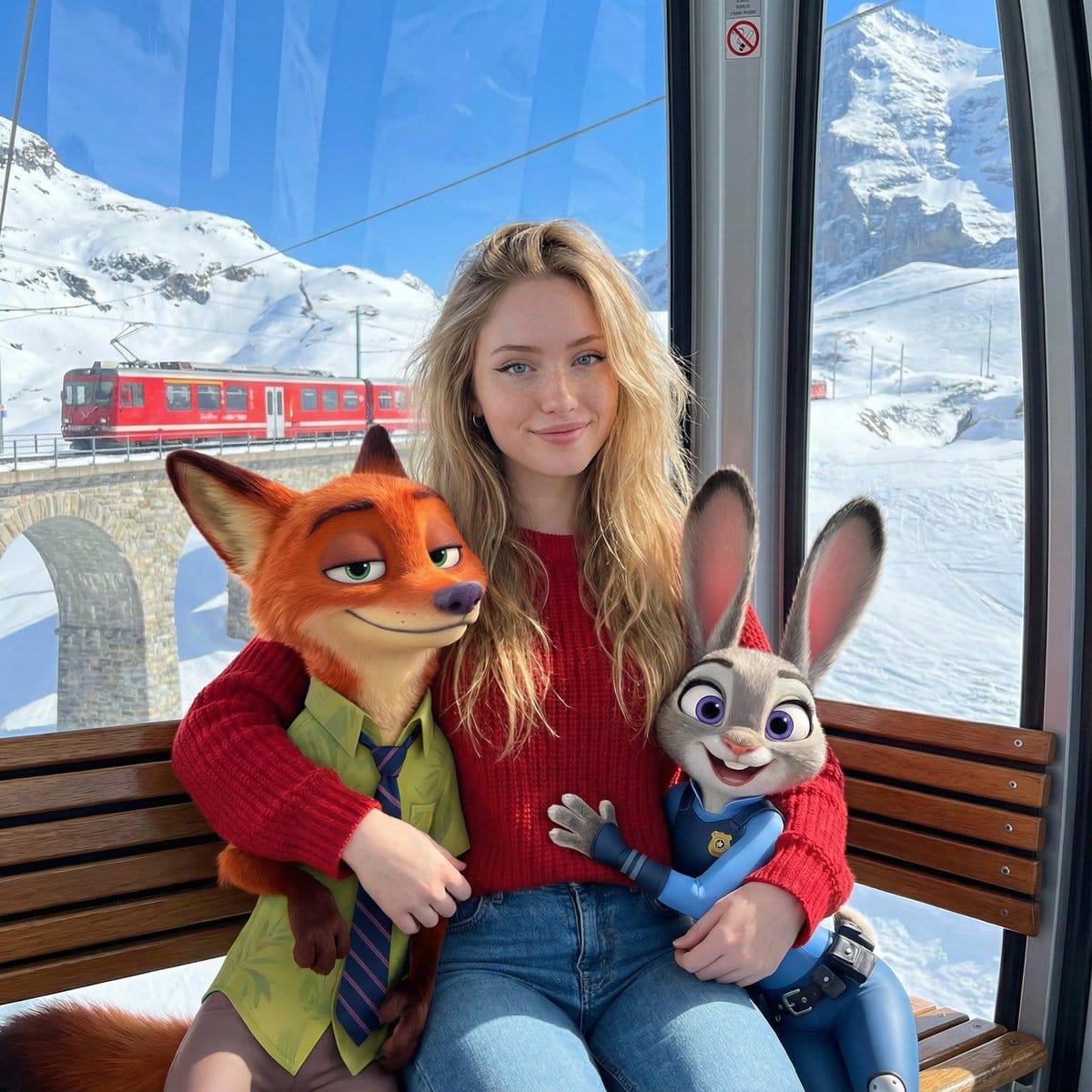 Blending Photorealistic Human with Zootopia Characters in a Cable Car - AI提示詞