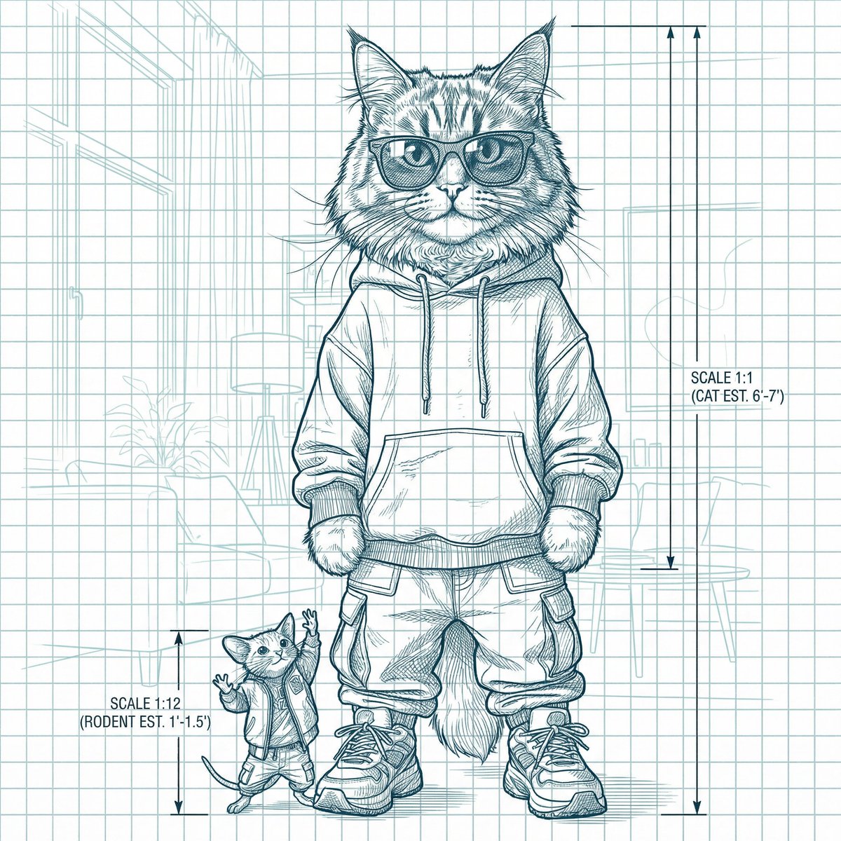 Blueprint-style technical schematic generation