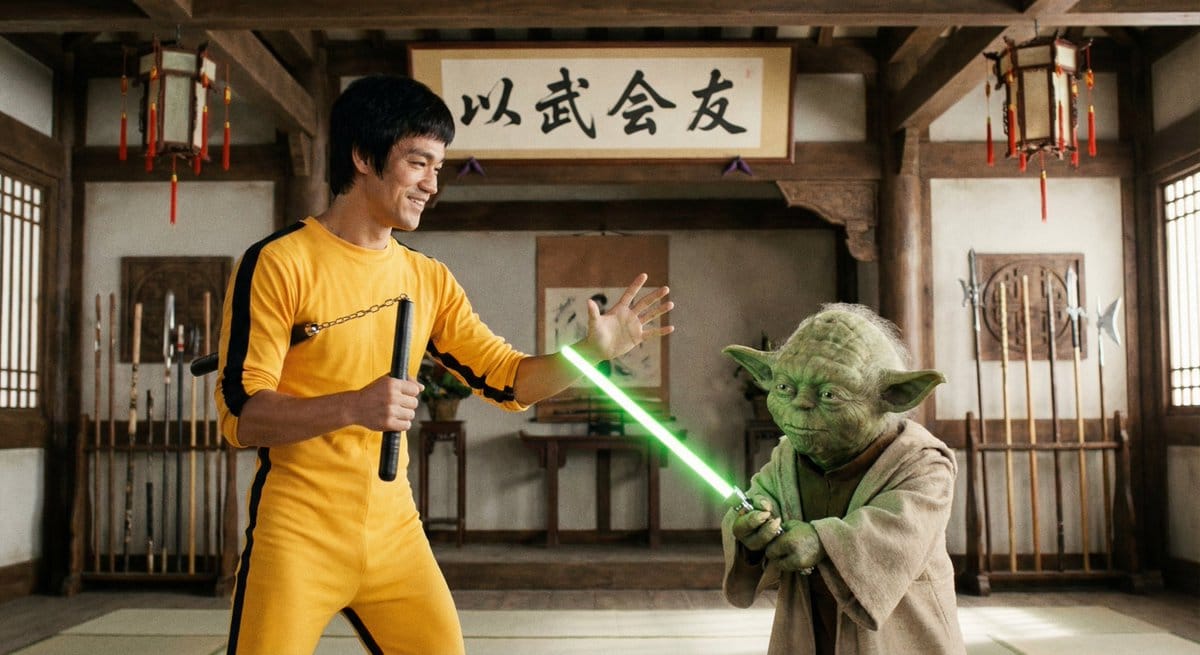 Bruce Lee sparring with Yoda in a dojo - AI Generated AI Art Style Image Example