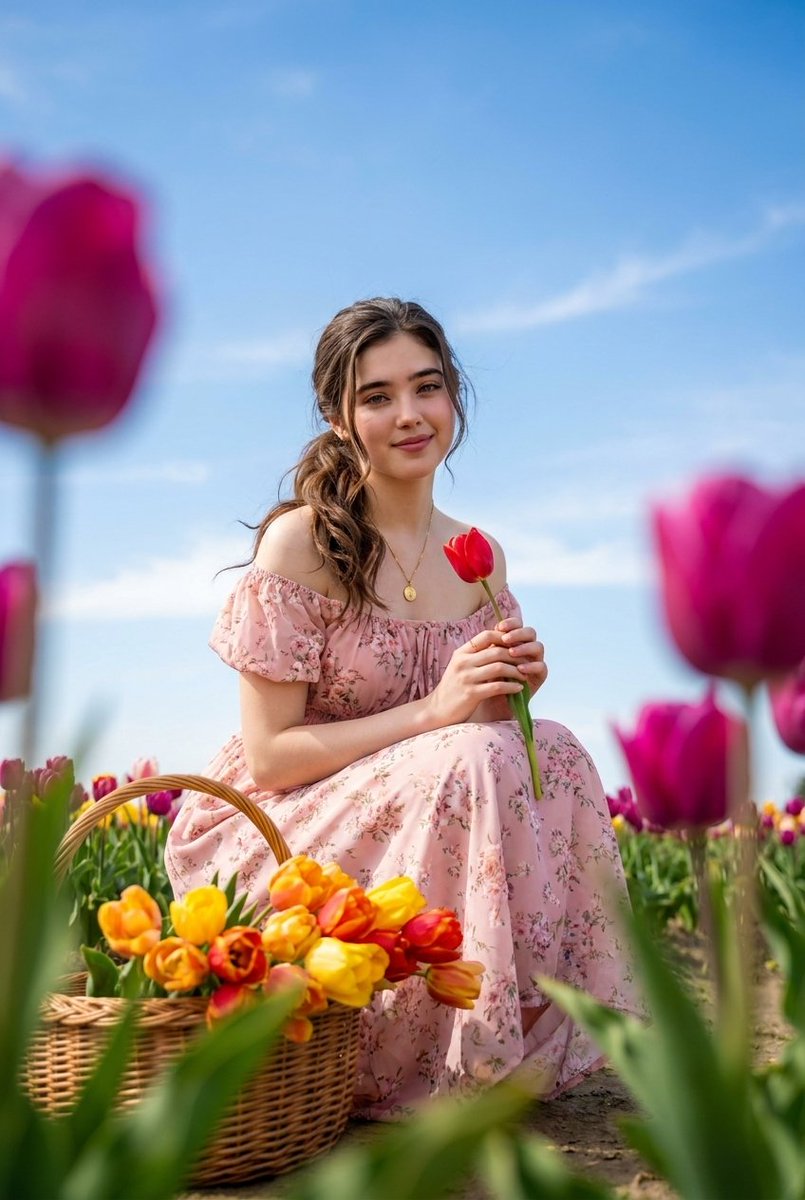 Preview image for Brunette Woman in Tulip Field Portrait prompt
