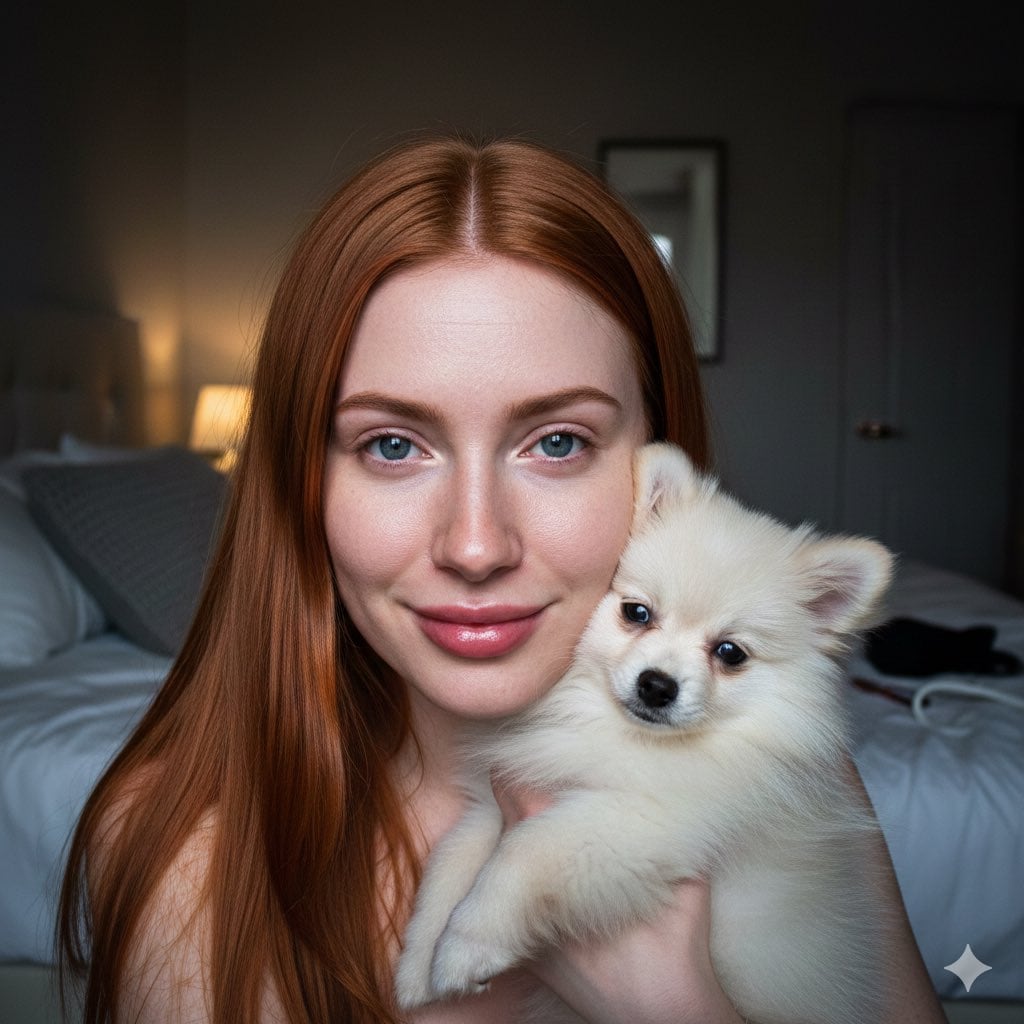 Candid Flash Portrait with Pomeranian Puppy - AI Generated Character Style Image Example