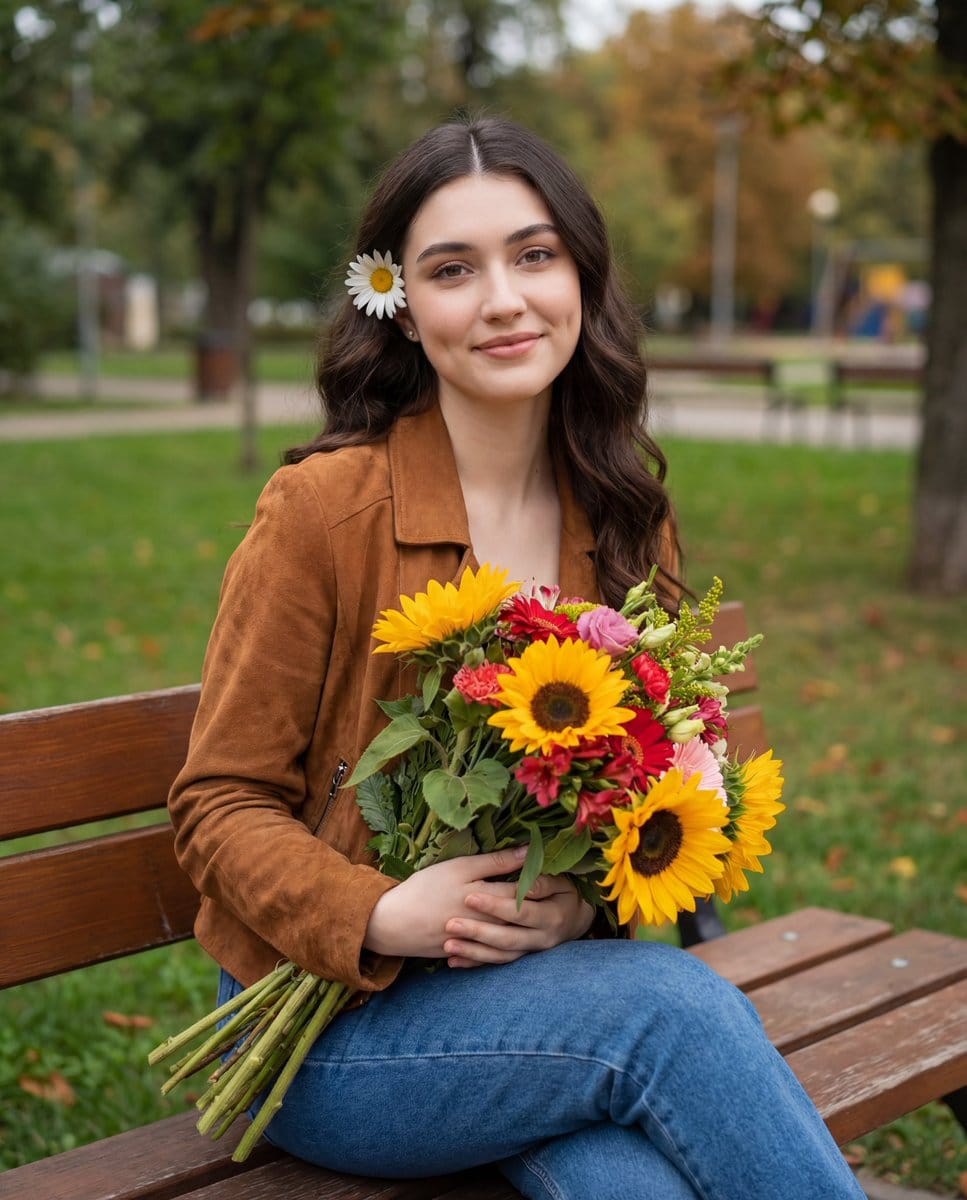 Candid Autumnal Park Portrait with Bouquet - AI Generated Character Style Image Example