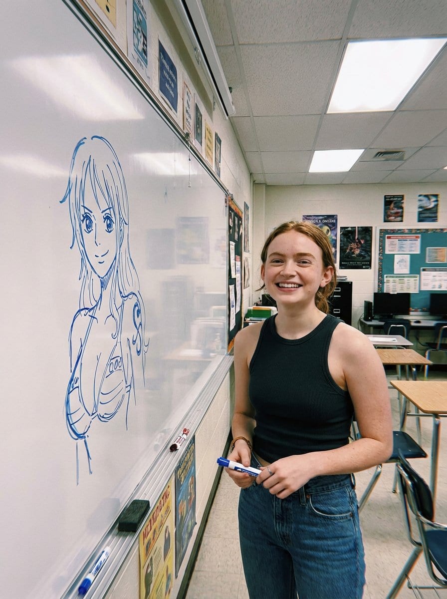 Candid Classroom Photo with Anime Sketch on Whiteboard - AI Prompt