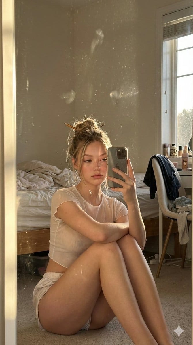 Candid Golden Hour iPhone Mirror Selfie in a Messy Bedroom - AI Generated Realistic Style Image Example