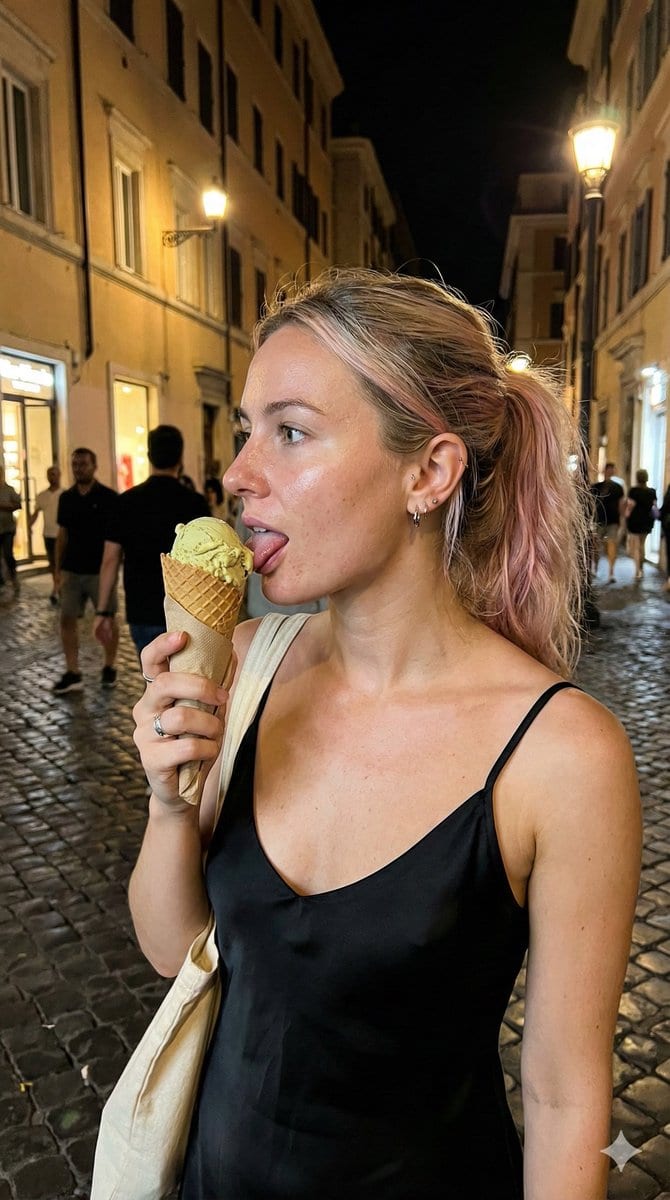 Candid Ice Cream Snapshot in European City at Night - AI提示詞