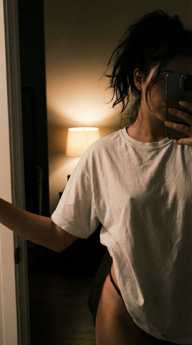 Preview image for Candid Mirror Selfie in Oversized T-Shirt and Underwear prompt