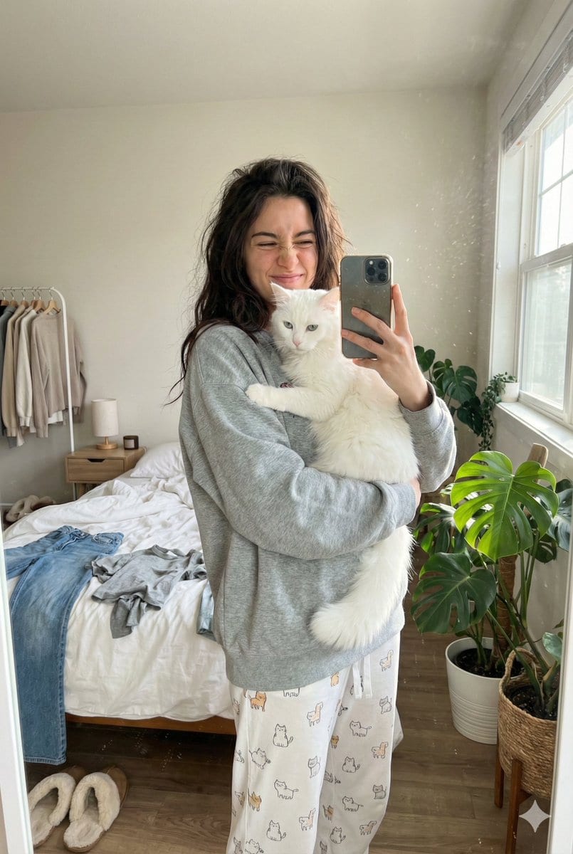 Candid Mirror Selfie with a Fluffy Cat - KI-Prompt