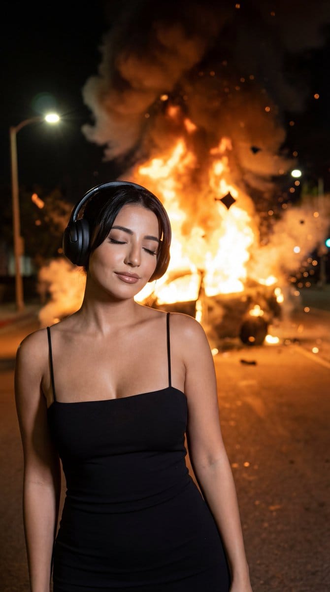 Candid Night Photo with Explosion Background Prompt - AI Generated Realistic Style Image Example