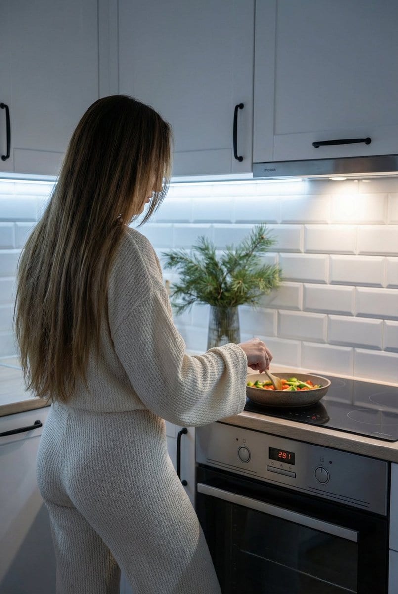 Candid Shot of Woman Cooking in Modern Kitchen - AI Generated Abstract Style Image Example