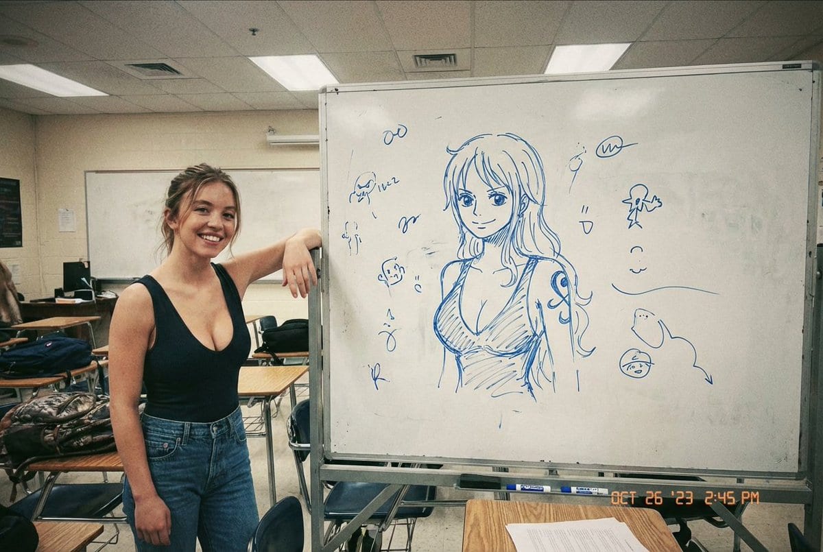 Candid Smartphone Photo: Celebrity with Whiteboard Sketch - Prompt IA