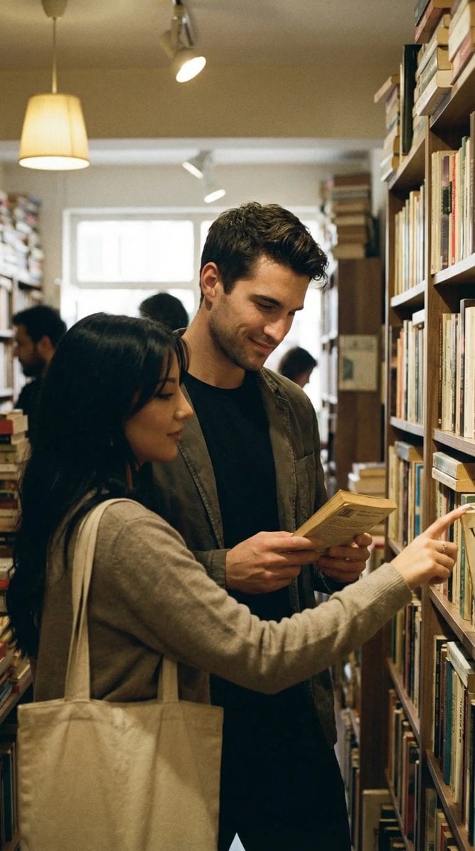 Candid Street Romance Film Still Prompt (Bookshop) - AI 프롬프트