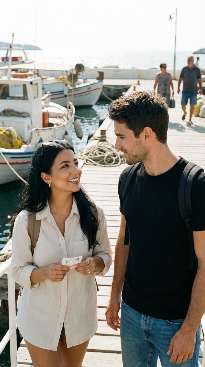 Preview image for Candid Travel Romance Film Still in Aegean Harbor prompt