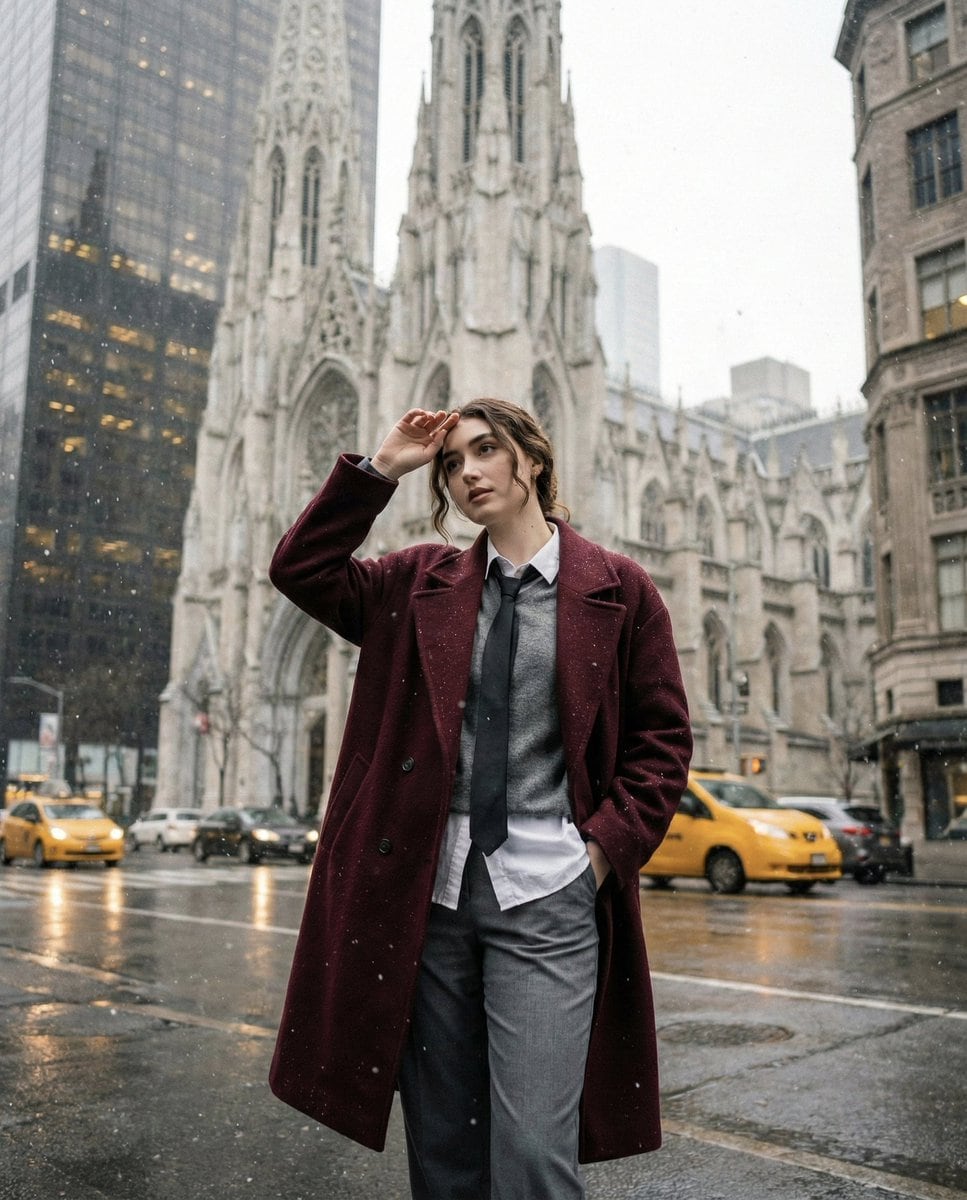 Candid Winter City Portrait during Snowfall - AI Generated Character Style Image Example