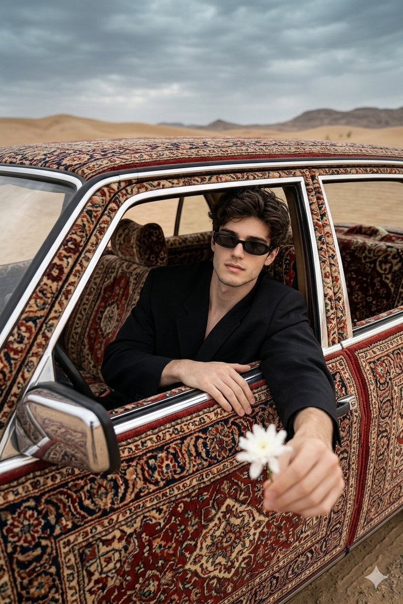 Preview image for Carpet-Covered Vintage Car Fashion Shoot prompt