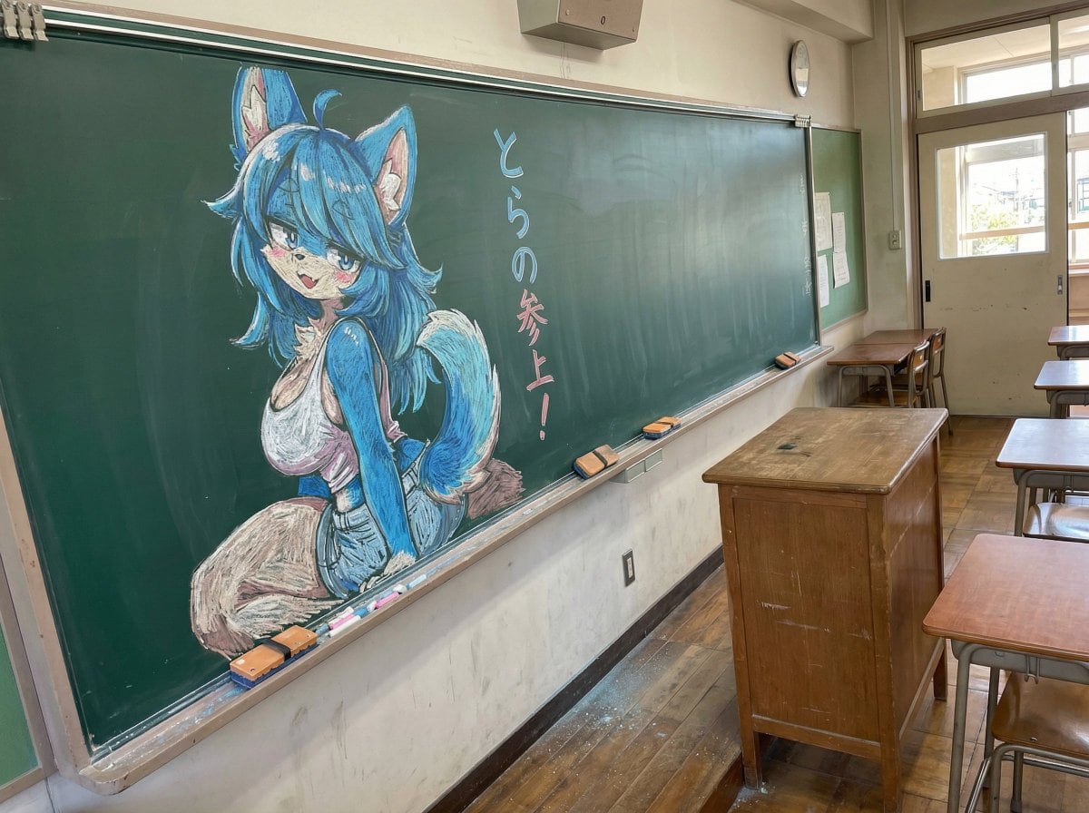 Chalk drawing of an illustration on a classroom blackboard - AI Generated 3d Style Image Example