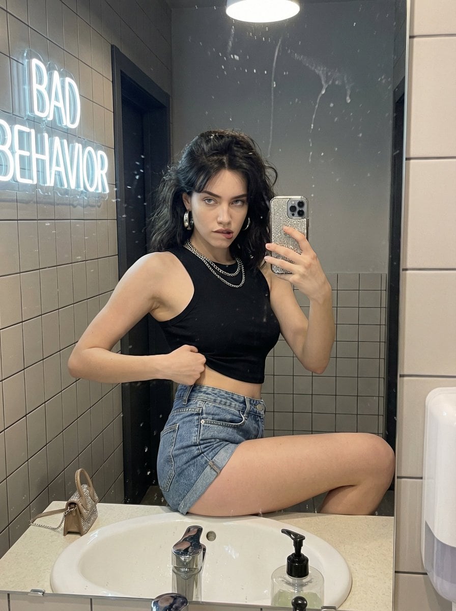 Chaotic Confident Café Bathroom Mirror Selfie - AI 프롬프트
