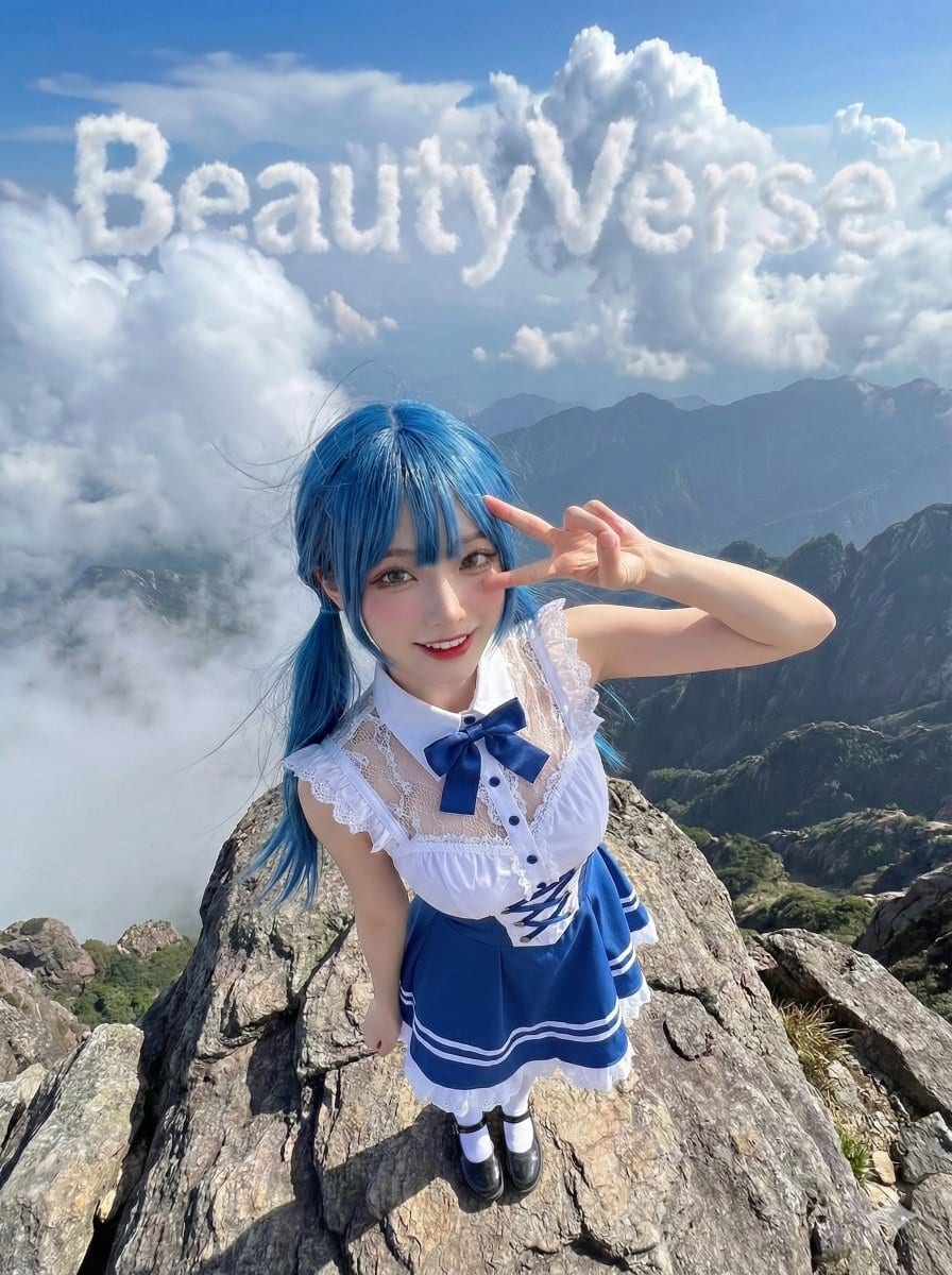 Character on a High Mountain Peak with Text in Clouds - Prompt IA
