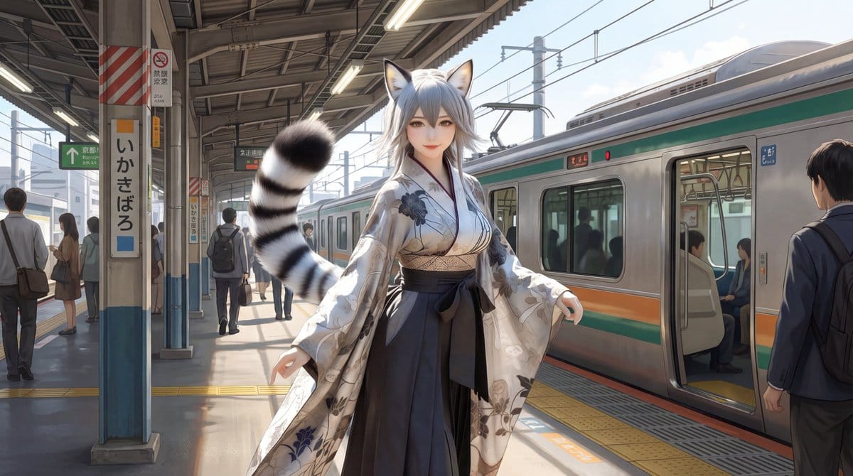 Character on Japanese train platform with matched lighting - Prompt IA