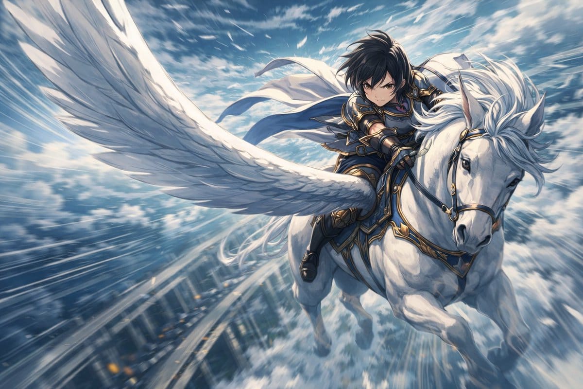 Character Riding Pegasus Fantasy Illustration Prompt - Prompt IA
