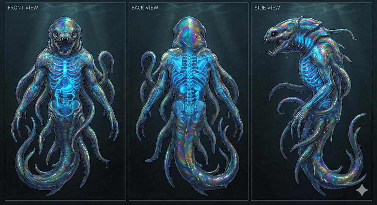 Character Sheet for Deep-Sea Creature with Bioluminescent Skeleton - Prompt IA