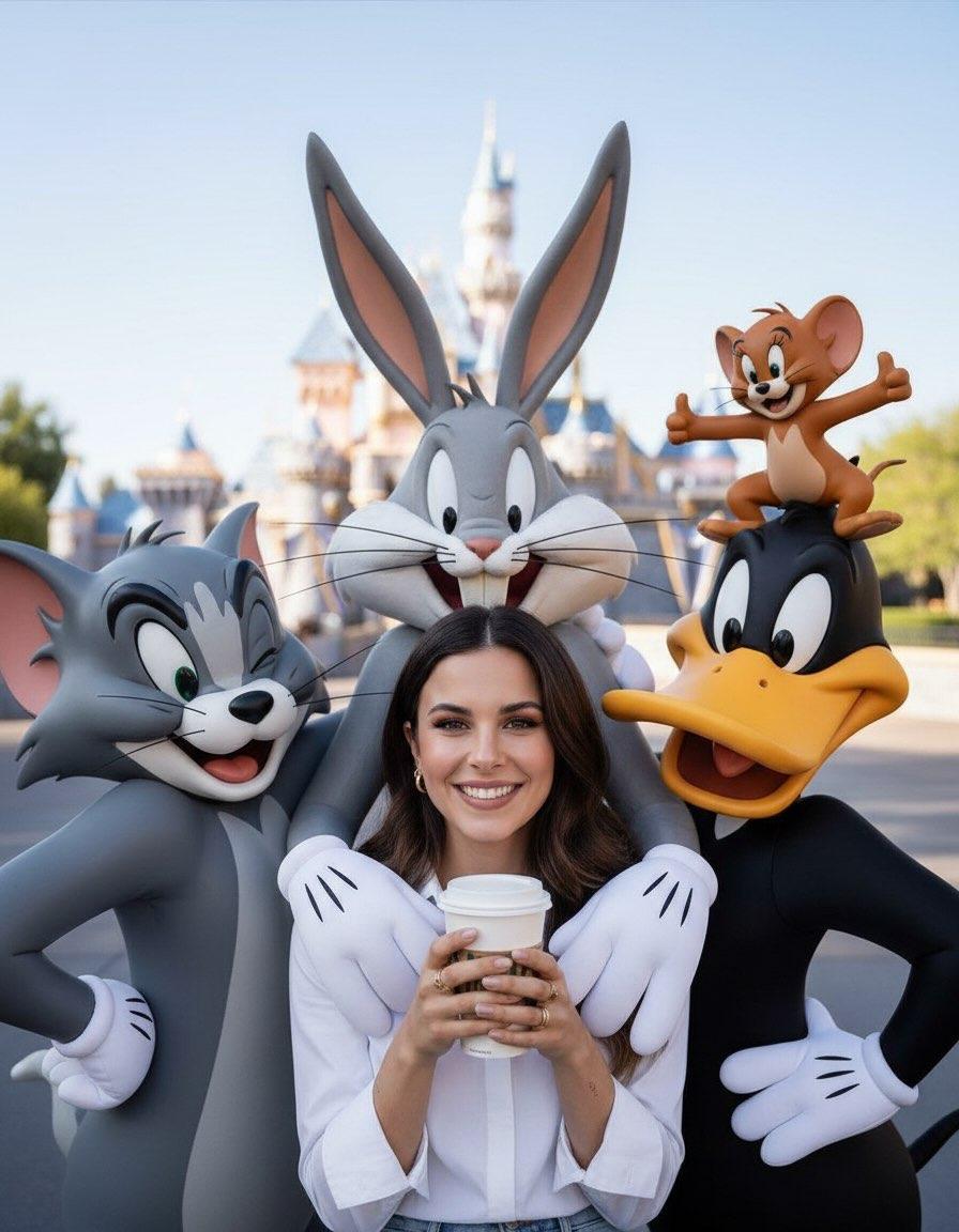 Cheerful Theme Park Lifestyle Portrait with Mascots - Prompt IA