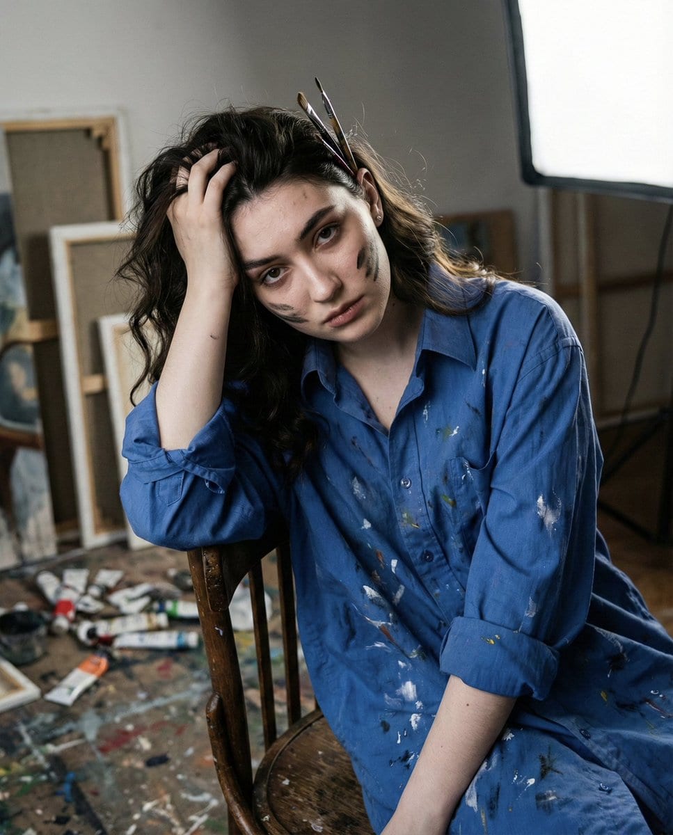 Chiaroscuro Portrait of an Exhausted Artist - AI Generated Character Style Image Example