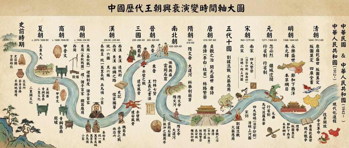 Chinese dynasties infographic timeline in traditional Chinese - AI Generated AI Art Style Image Example