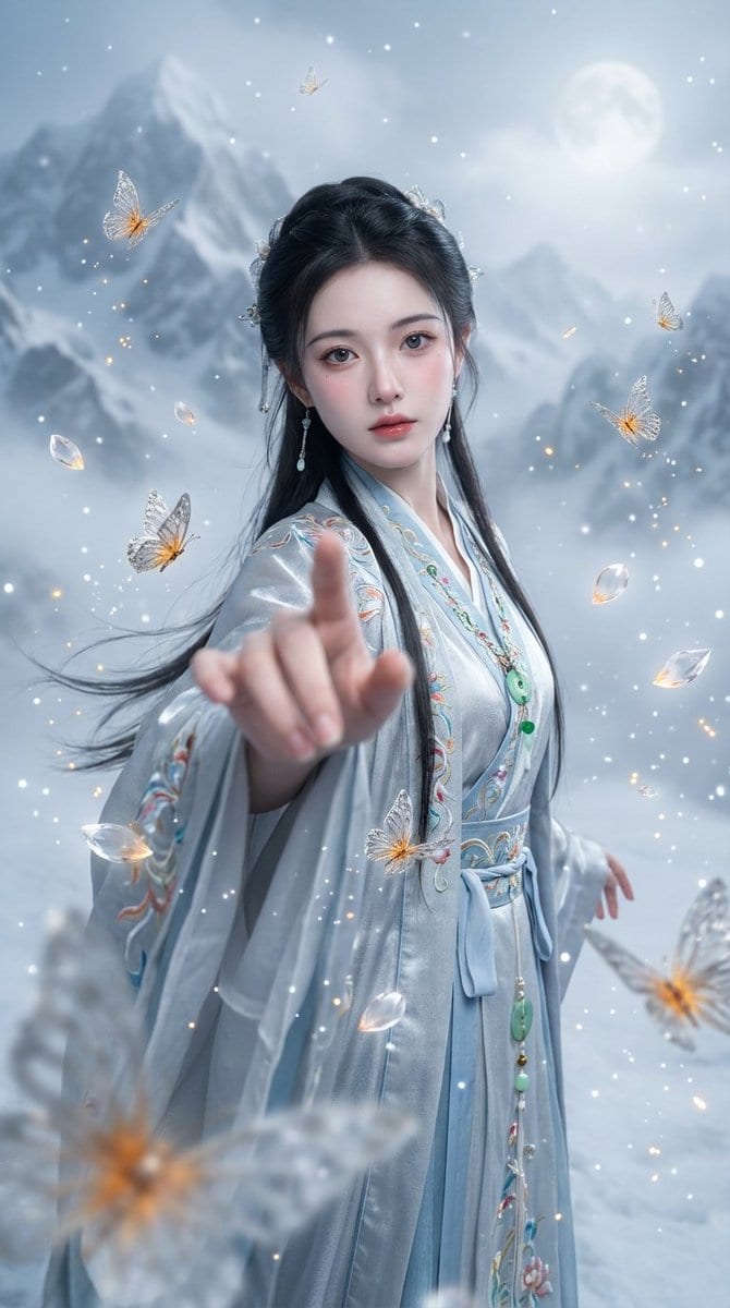 Chinese Xianxia Fantasy Portrait with Cold Tones and Magic Effects - AI Generated Character Style Image Example