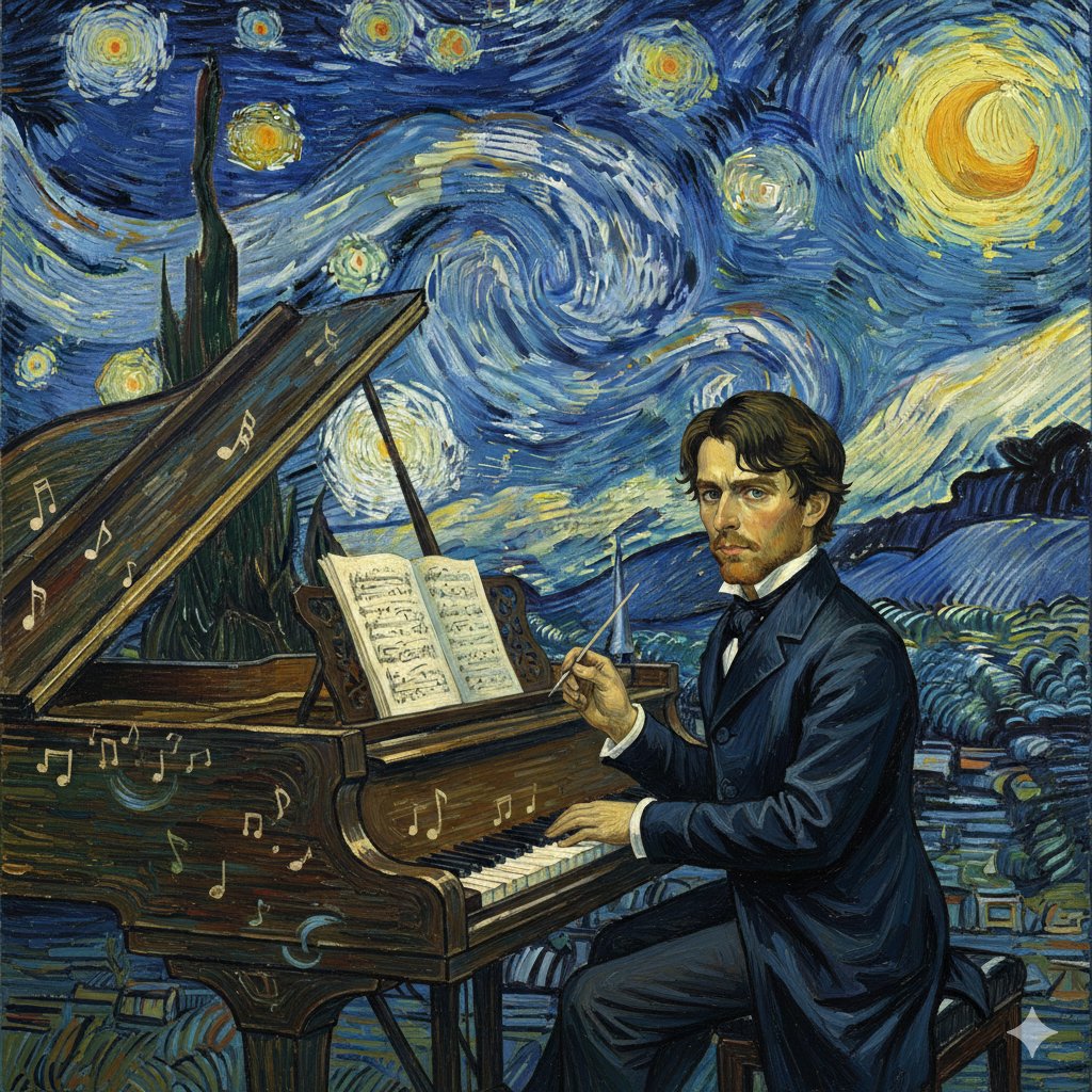 Preview image for Chopin in Van Gogh's Starry Night Style Prompt prompt