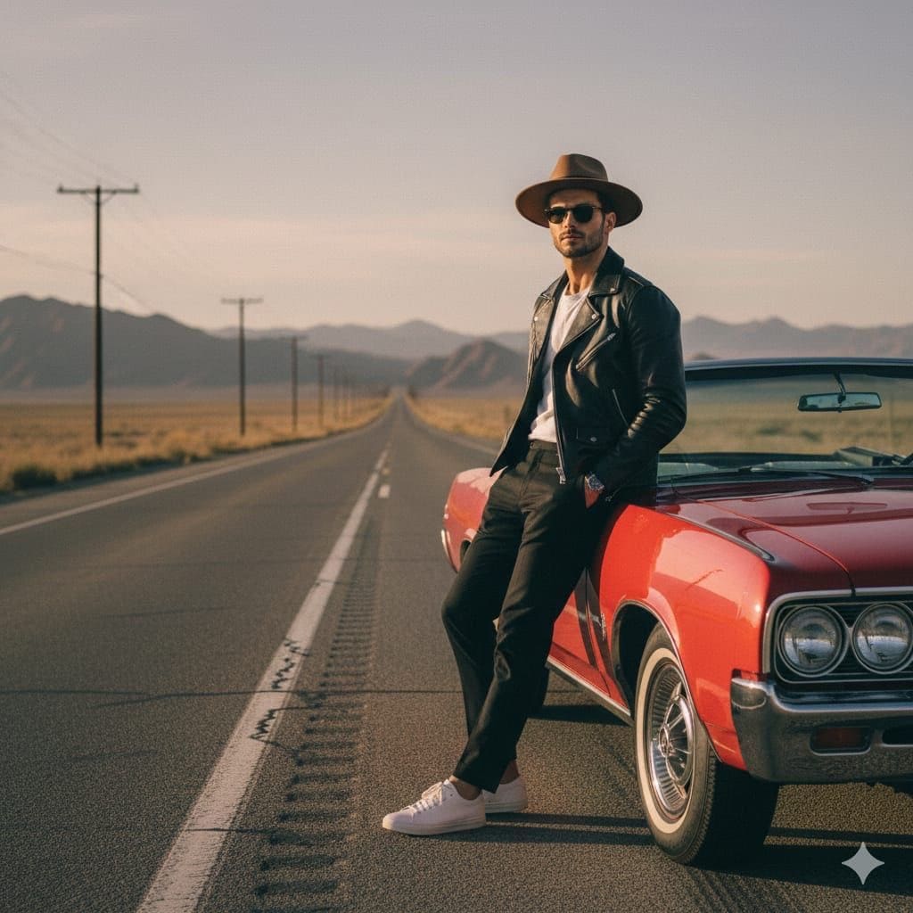 Cinematic Desert Highway Fashion Portrait Prompt - AI Generated Character Style Image Example
