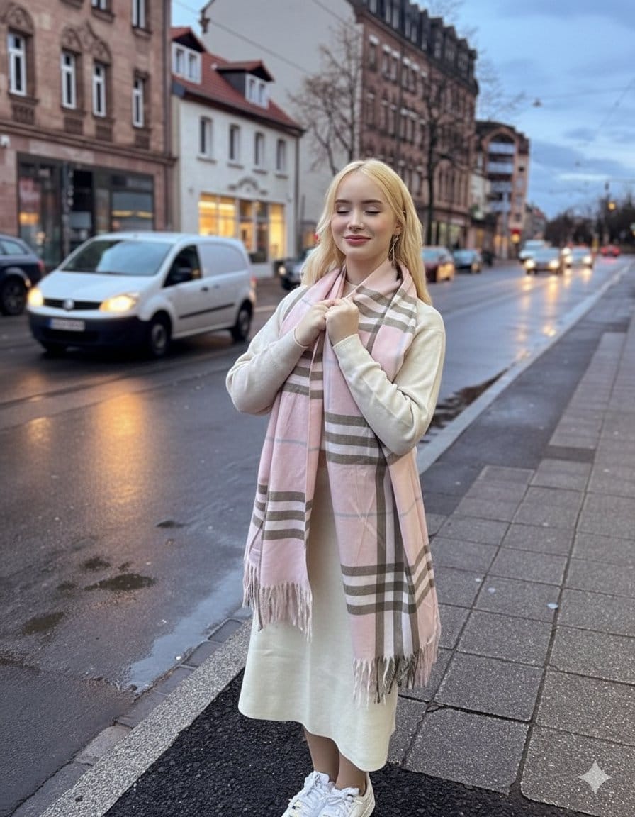 Cinematic Fashion Editorial in European Old Town at Twilight - AI Generated Realistic Style Image Example