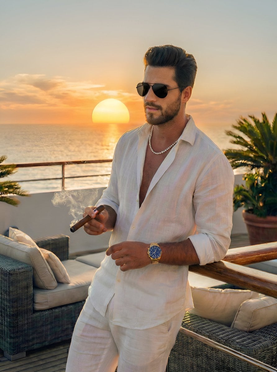 Cinematic Golden Hour Portrait on a Luxury Yacht - AI 프롬프트
