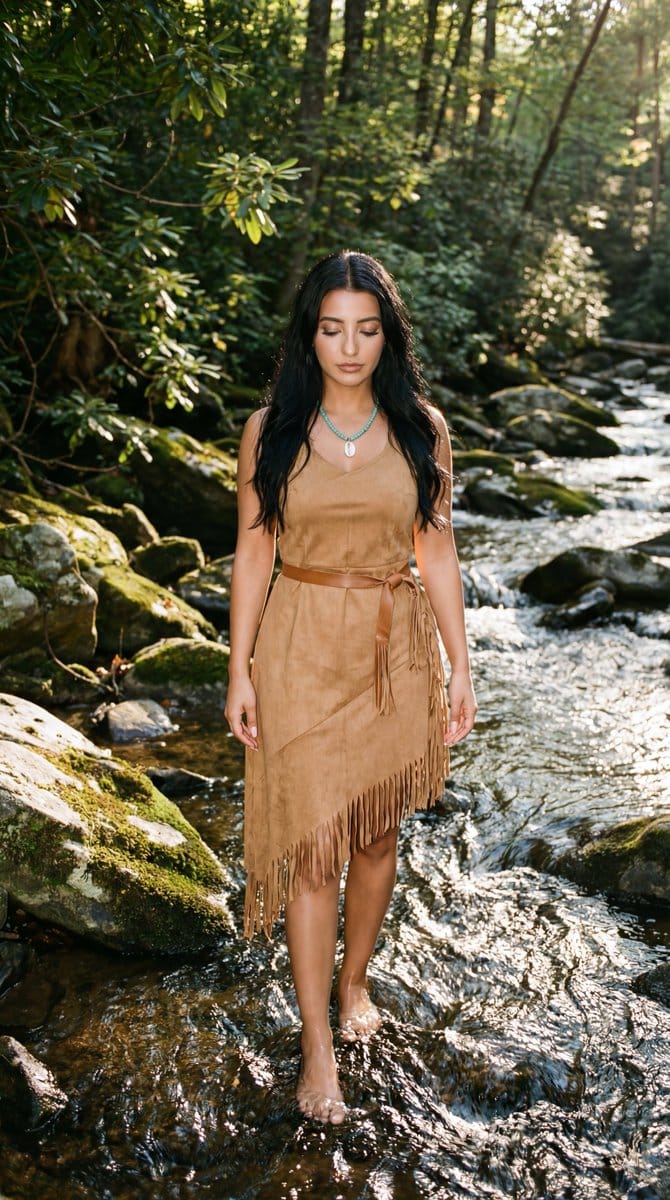 Cinematic Photoreal Portrait in a Forest Stream (Pocahontas Inspired) - AI 프롬프트