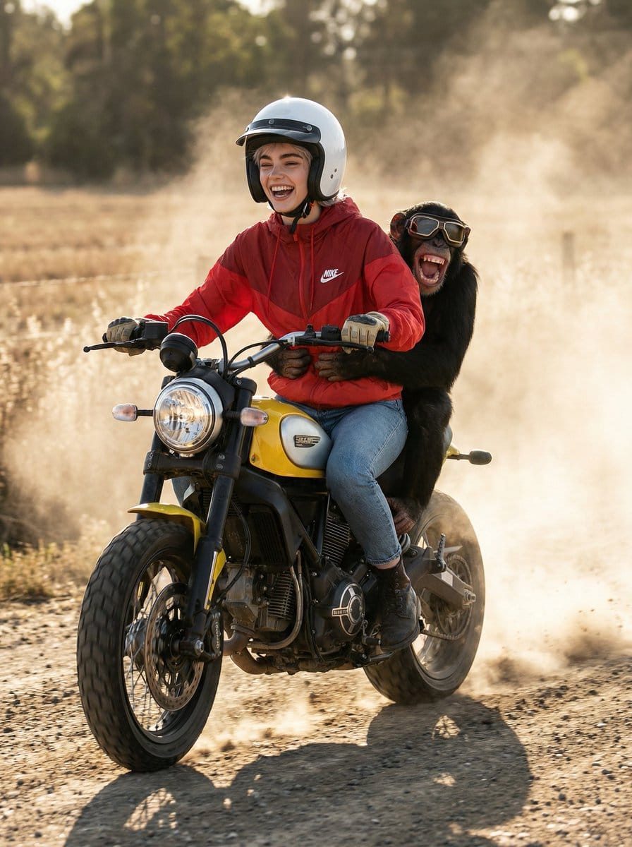 Cinematic Action Photo and Video Prompt (Woman and Chimpanzee on Motorcycle) - AI 프롬프트