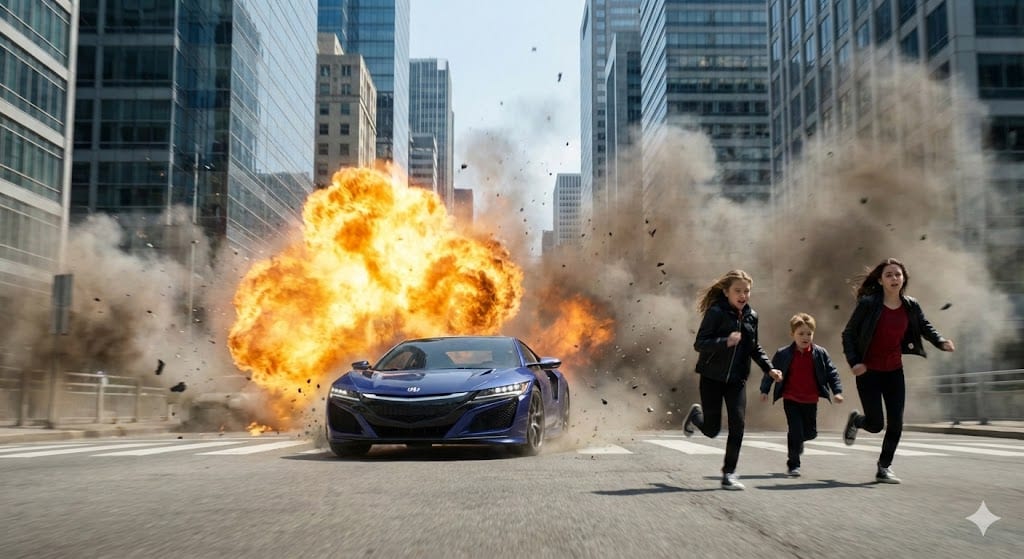 Cinematic Action Scene: Explosion Behind High-Speed Car - AI提示詞