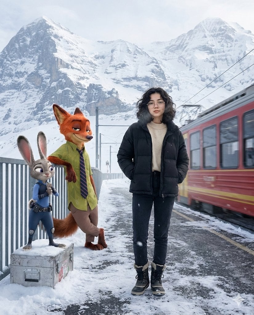 Cinematic Alpine Travel Scene with Zootopia Characters Prompt - Prompt IA