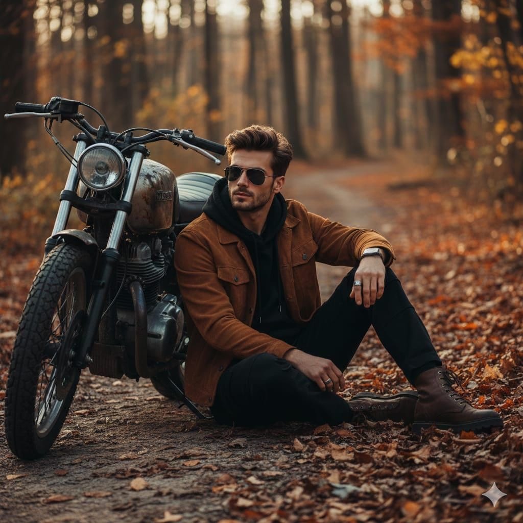Cinematic Autumn Portrait of Man with Vintage Motorcycle - AI 프롬프트
