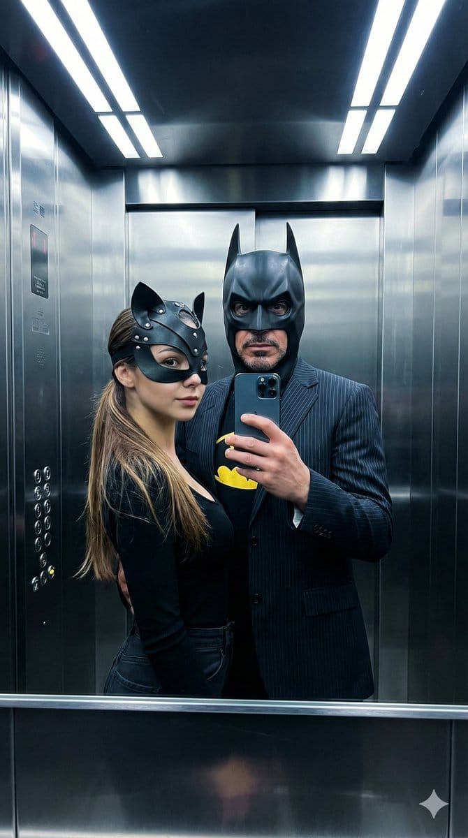 Cinematic Bat/Cat Couple Mirror Selfie with Identity Lock - Prompt IA