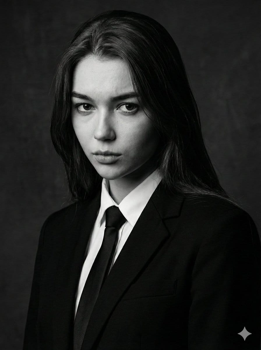 Cinematic black-and-white portrait of a woman - AI Prompt