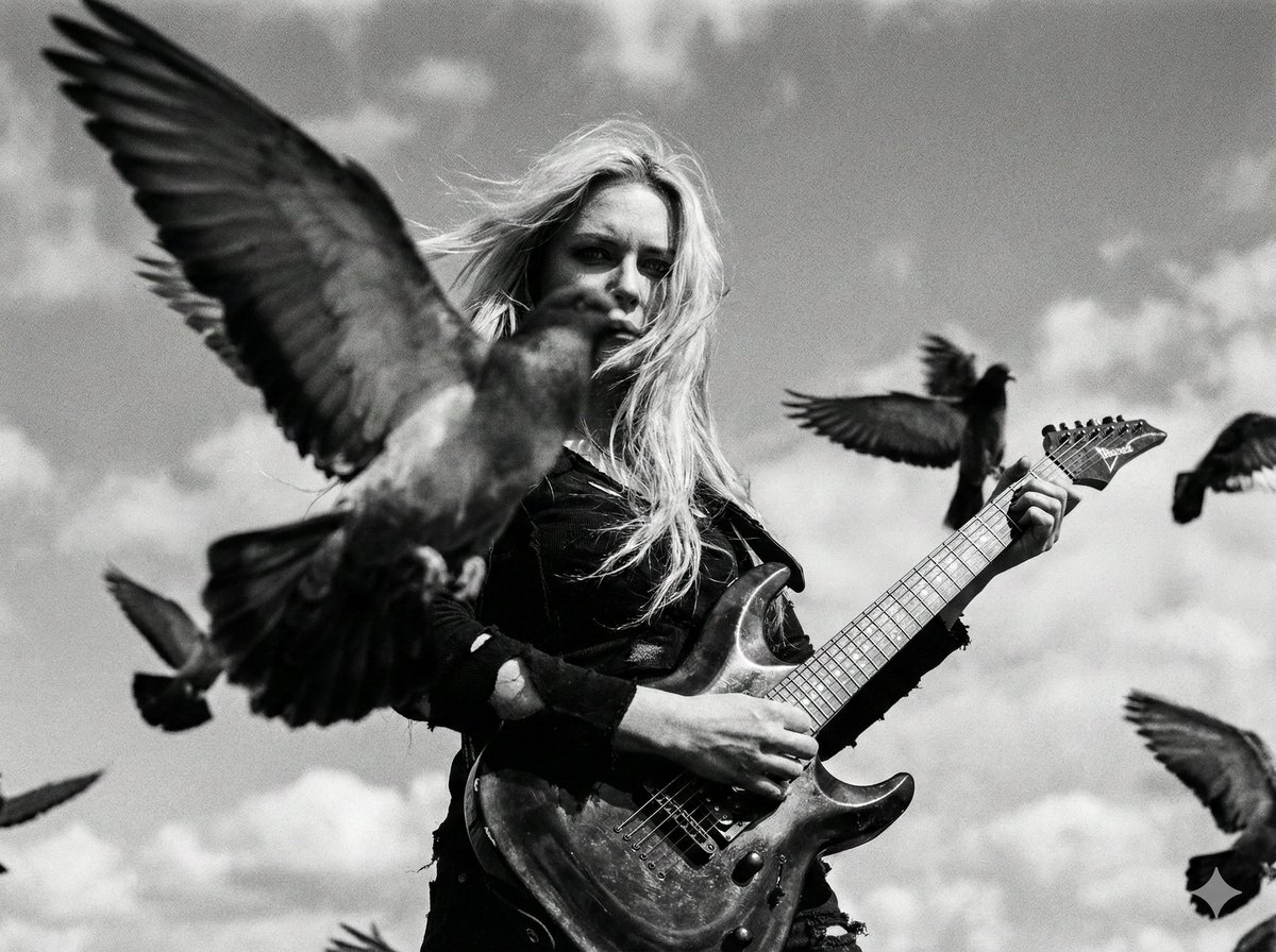 Preview image for Cinematic Black and White Photo of Woman with Guitar and Pigeons prompt