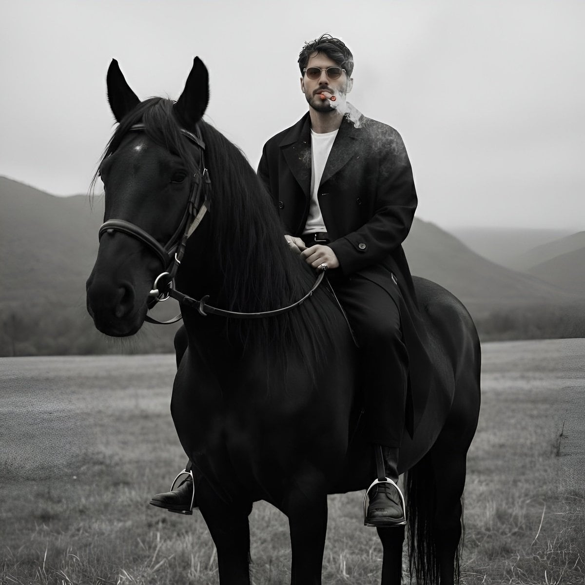 Cinematic Black and White Portrait Prompt of Man with Horse and Cigar - AI 프롬프트